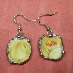 Yellow Rose Bavaria Broken China Earrings - Sterling Silver 925 Artisan Crafted